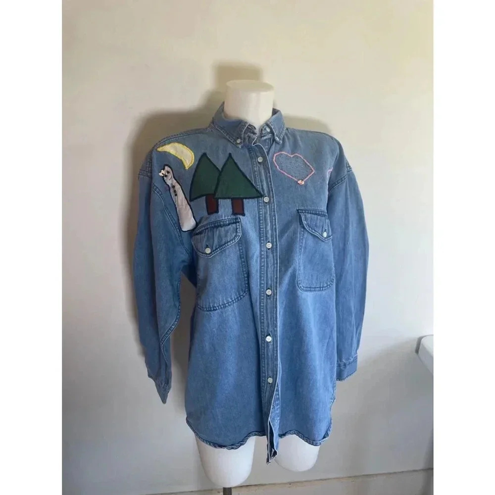Vintage 90’s Denim Shirt Long sleeve‎ Handmade Patchwork Embroidered 0200